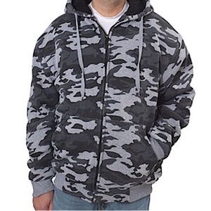 BIG BALL SPORTS Hoodie Jacket Camo Sherpa Fleece Full Zip Gray Black Size XXL
